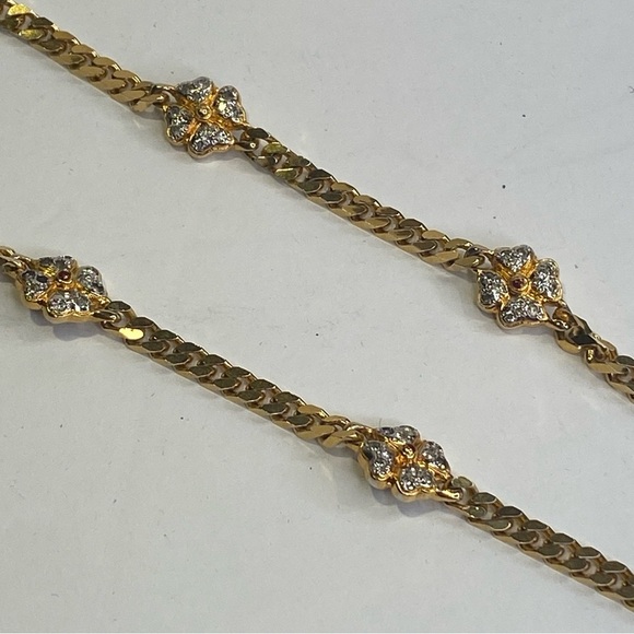 Vintage VB Marked Cuban Gold Tone Chain Necklace With 4 Crystal Flowers - Picture 8 of 11